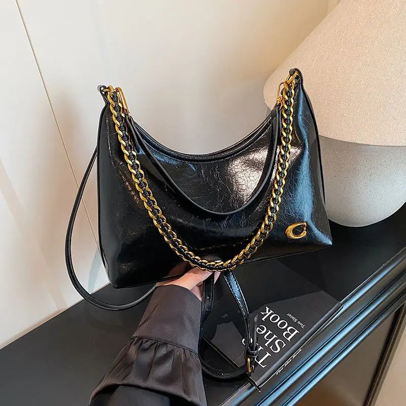 Sac Bandoulière Cuir Ciré Vintage Femme Chaîne Grande Capacité – CLEVI Paris