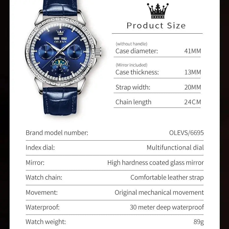OLEVS 6695 Montre Homme Automatique Diamants Phase de Lune – CLEVI Paris