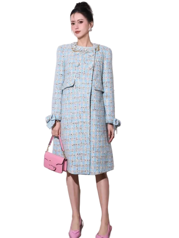 Manteau femme en tweed bleu clair à carreaux – CLEVI Paris