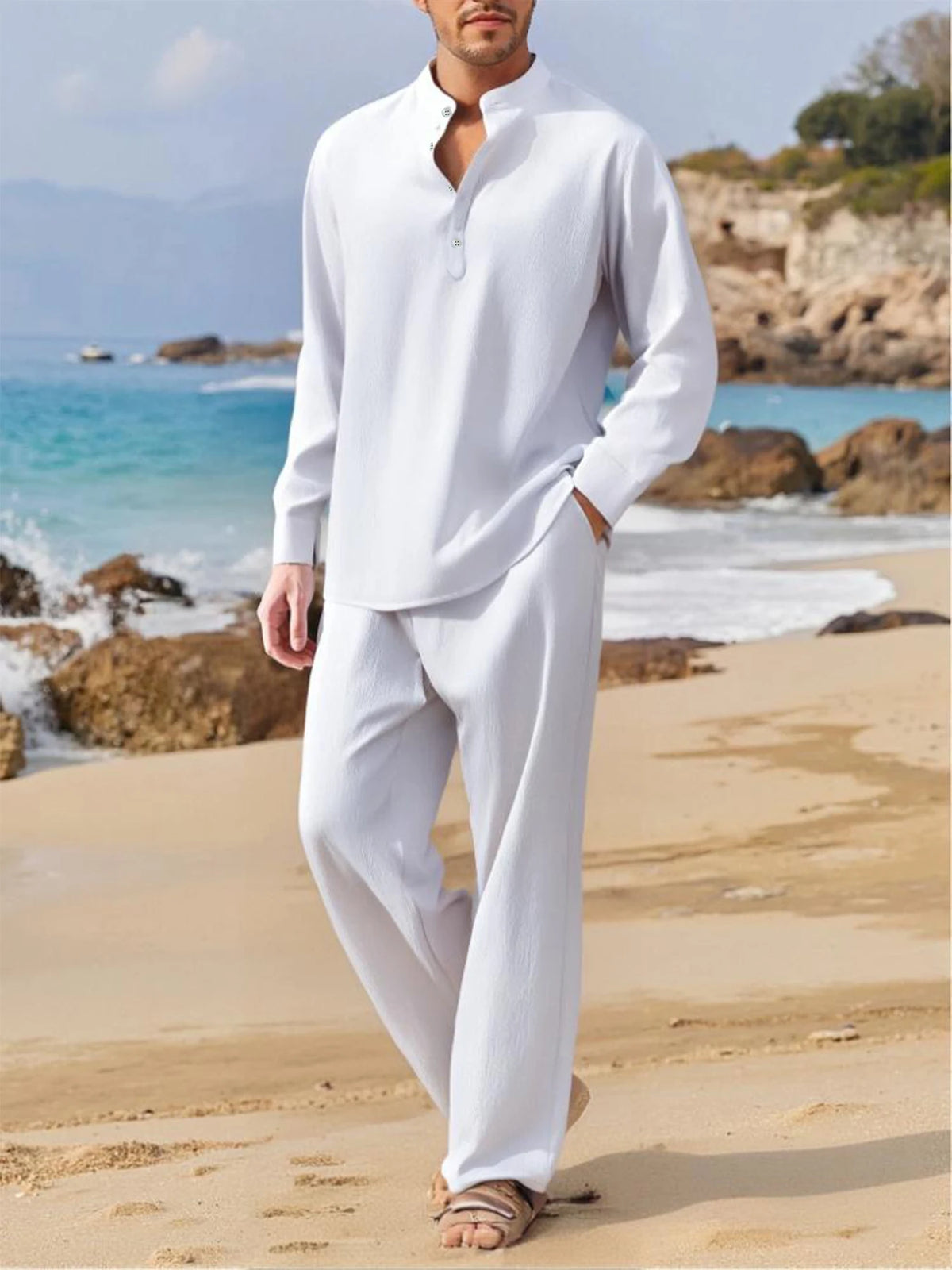 Ensemble Homme Chemise Col V Sans Manches + Pantalon Casual Beach Outdoor – CLEVI Paris