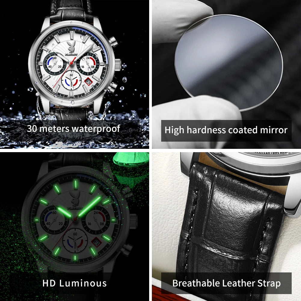 PLAYBOY 3305 Montre Homme Quartz Chronographe Calendrier Cuir 40mm 30M – CLEVI Paris