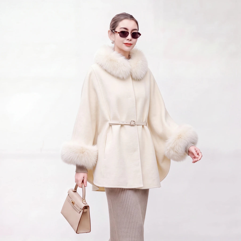 Manteau cape laine et col renard amovible – CLEVI Paris