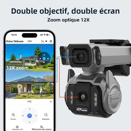 Caméra Solaire 4G LS VISION AOV 4K Double Objectif Zoom 12x PTZ Suivi IA 24/7 IP66 – CLEVI Paris