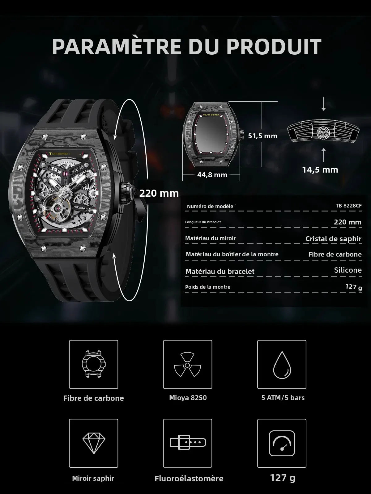 Montre Homme Automatique Squelette Tonneau Fibre de Carbone Tsar Bomba TB8228CF – CLEVI Paris