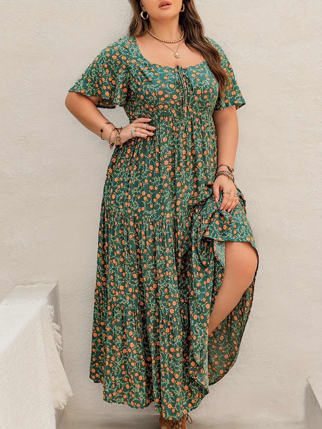Robe Longue Femme Grande Taille Bohème Imprimé Col Français – CLEVI Paris
