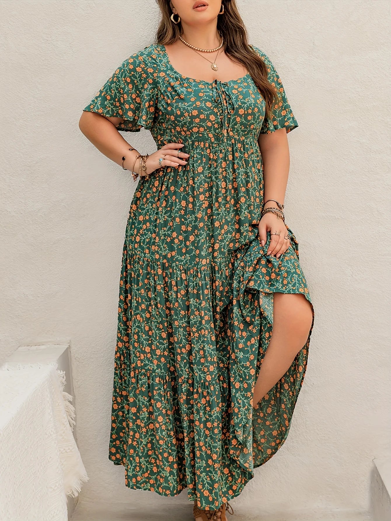 Robe Longue Femme Grande Taille Bohème Imprimé Col Français – CLEVI Paris