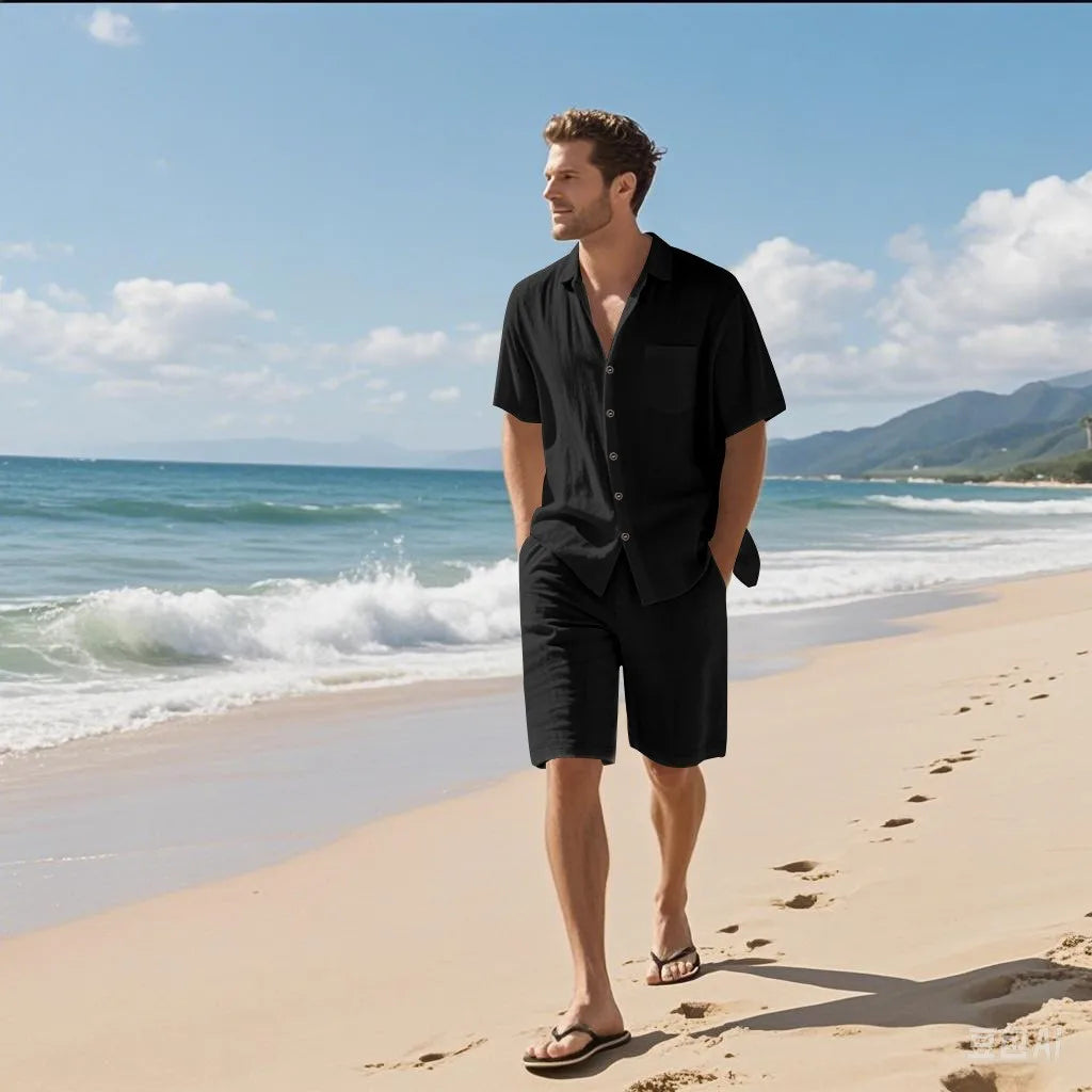 Ensemble 2 Pièces Homme Lin Chemise Manches Courtes + Short Casual Plage Été – CLEVI Paris