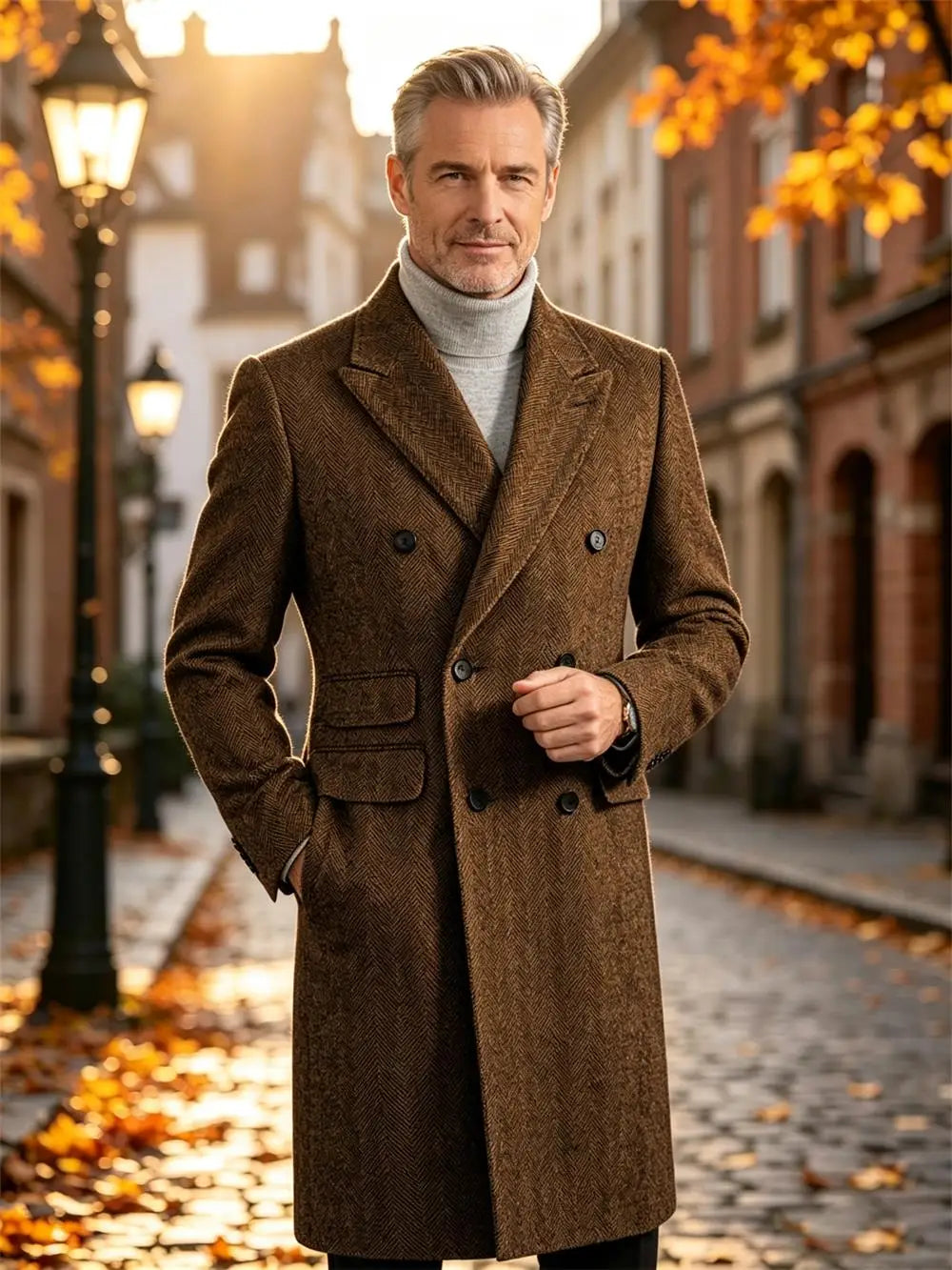 Manteau long homme laine mélangée à chevrons – CLEVI Paris