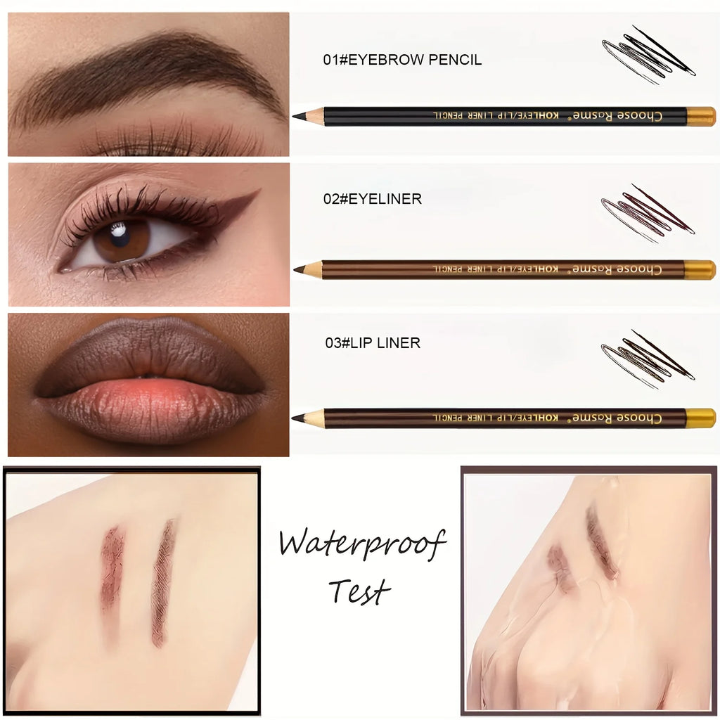 Kit Maquillage 3-en-1 – Crayon Sourcils, Eye-Liner & Lèvres Waterproof Longue Tenue + Taille-Crayon – CLEVI Paris