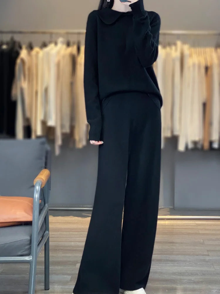 Ensemble mérinos femme, pull à col rabattu – CLEVI Paris