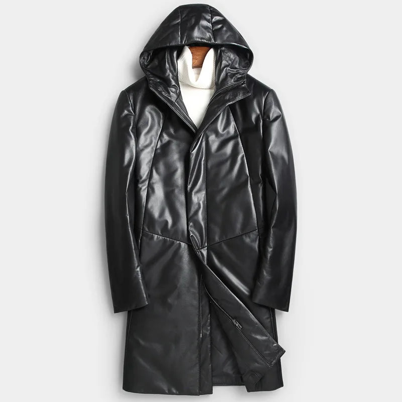 Manteau mi-long homme en cuir à capuche – CLEVI Paris