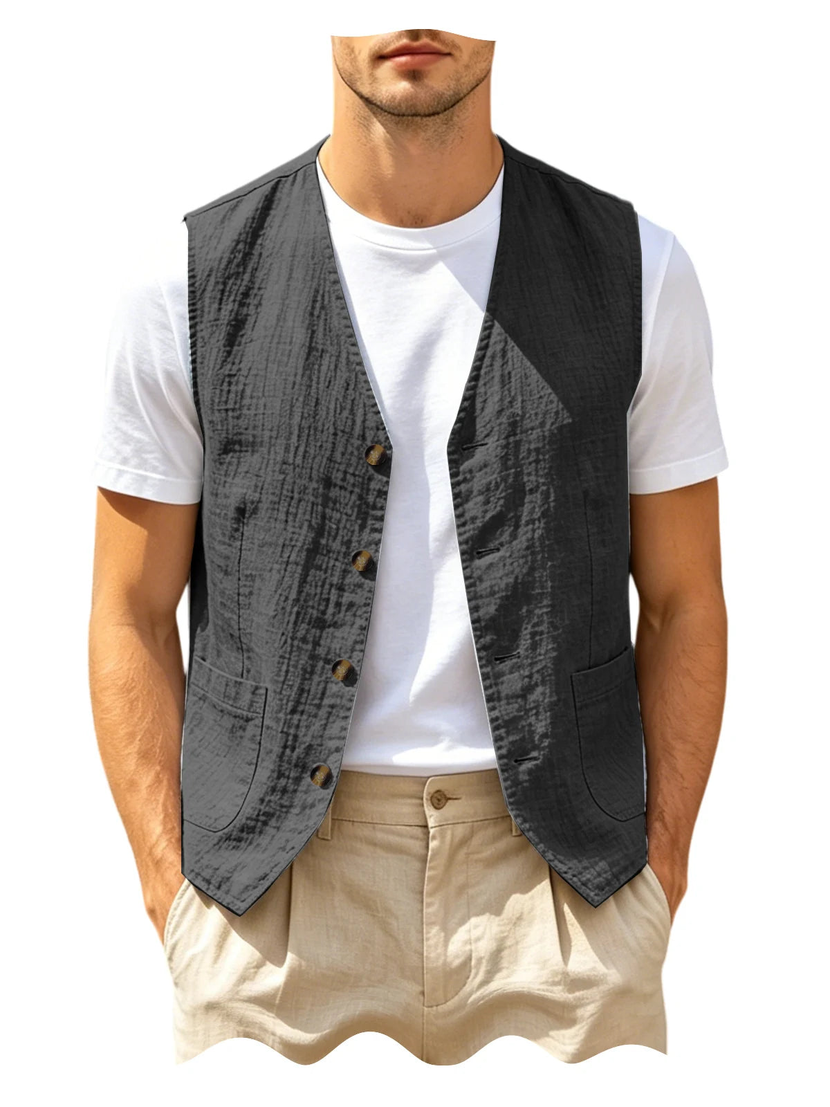 Gilet homme en lin col V – CLEVI Paris