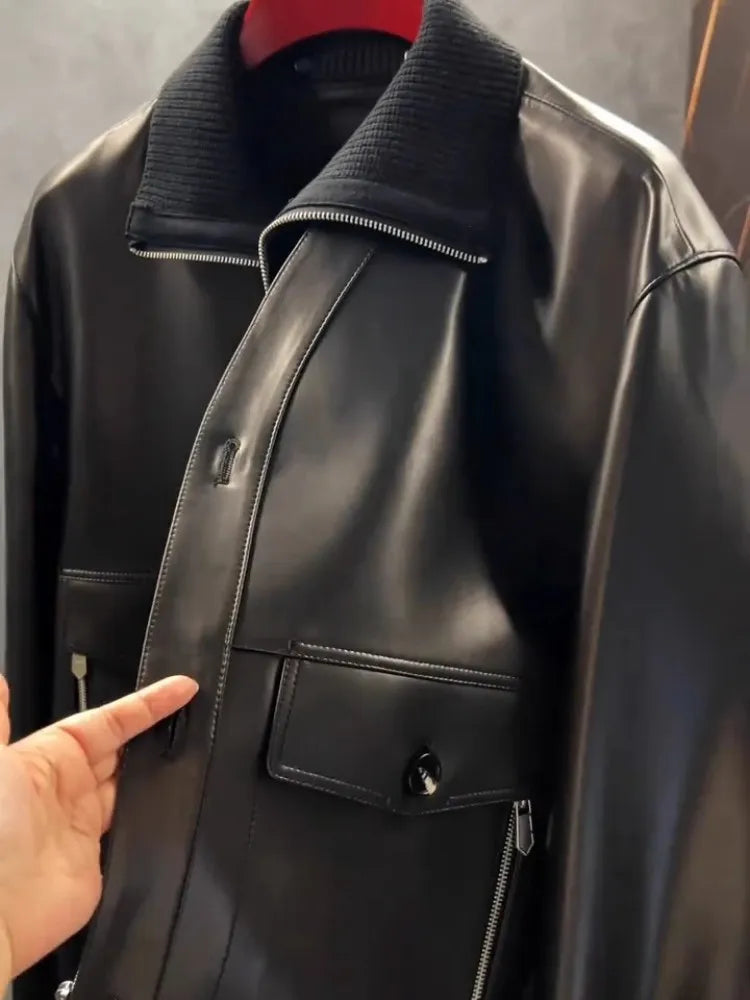 Veste homme en cuir noir à détails zippés – CLEVI Paris