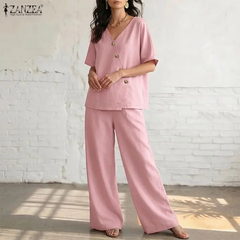 Ensemble 2 Pièces Femme Blouse Col V Manches Mi-Longues Boutonnée + Pantalon Large Taille Mi-Haute Élastique OL Casual 3 Coloris – CLEVI Paris