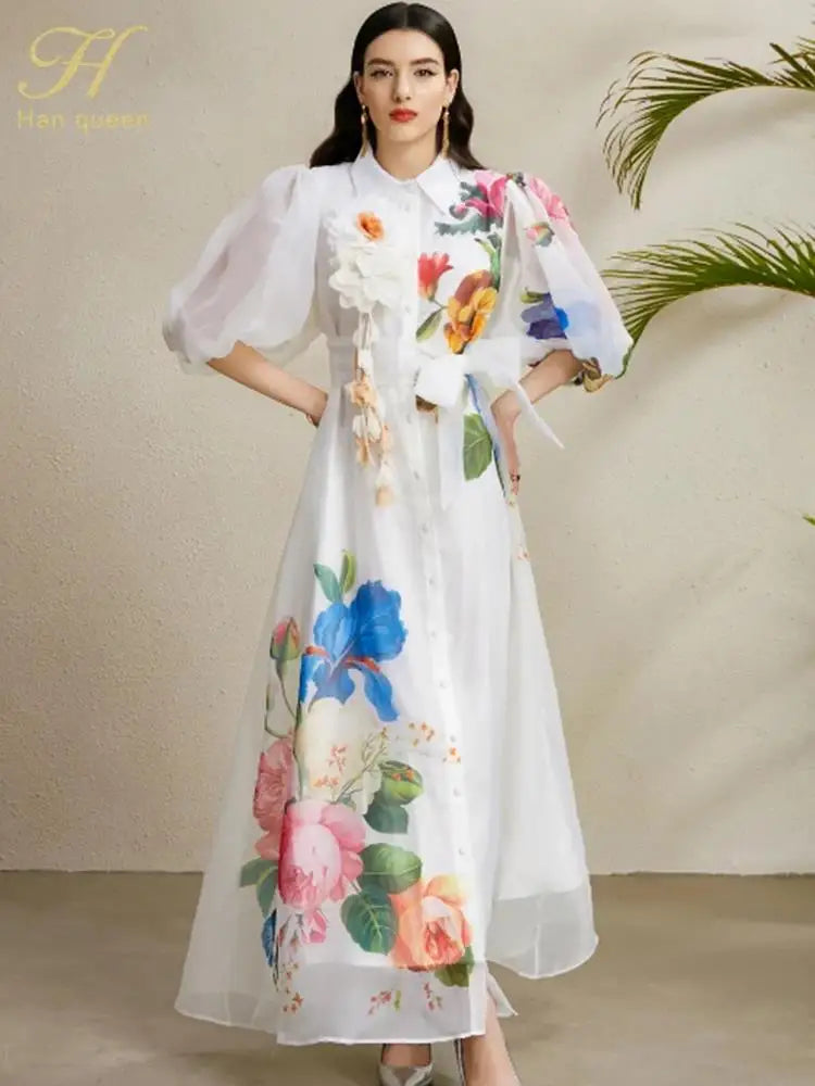 Robe Femme Longue Fleurs 3D Manches Bouffantes Dentelle Style Palace Élégante – CLEVI Paris
