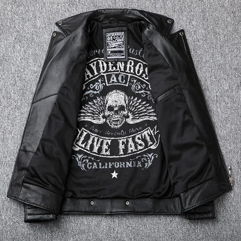 Veste biker homme en cuir noir à col rabattu – CLEVI Paris