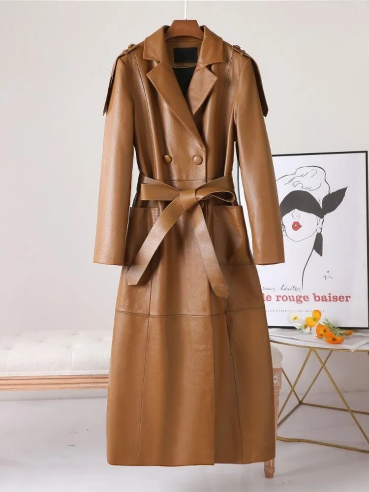 Trench long femme en cuir ceinturé – CLEVI Paris