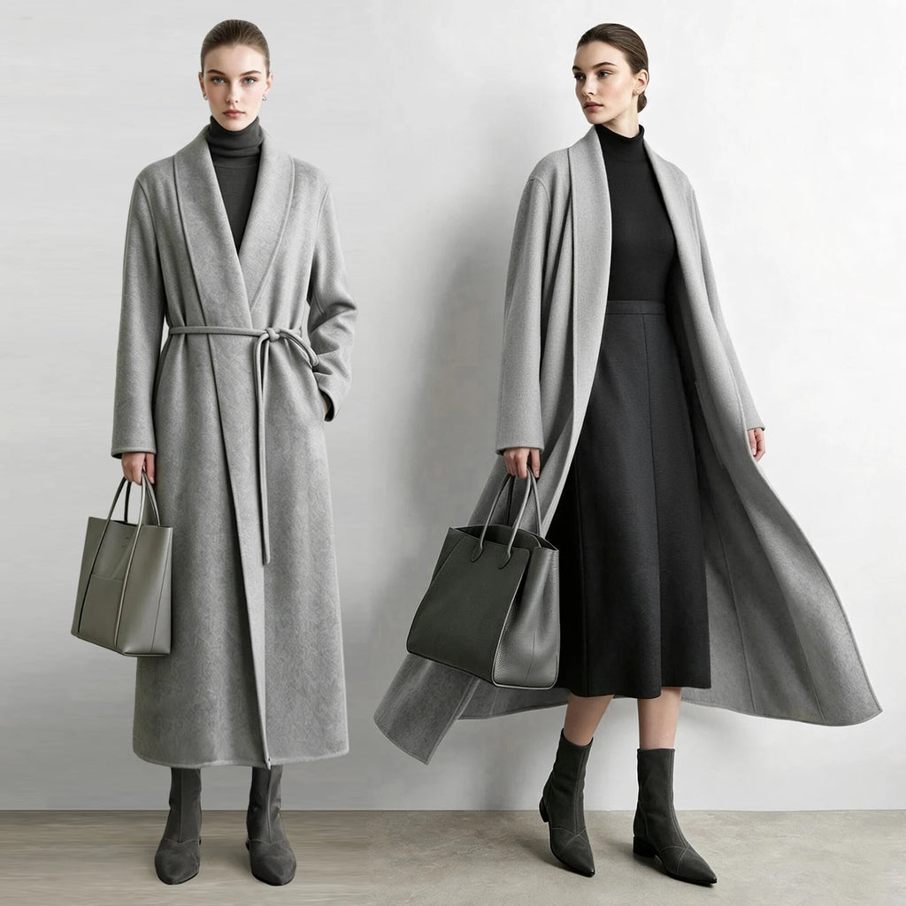 Manteau long AMII en laine et alpaga ceinturé – CLEVI Paris