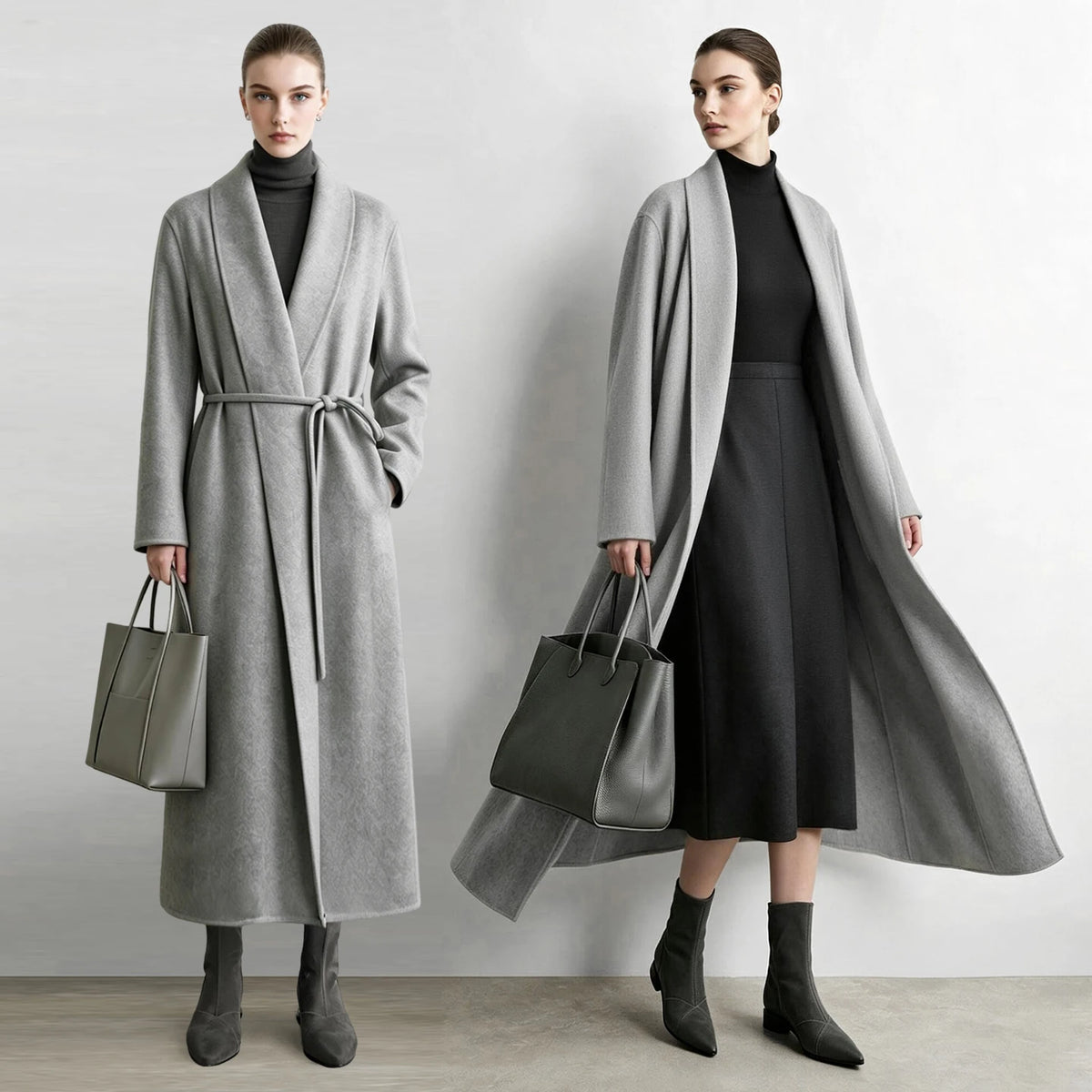 Manteau long AMII en laine et alpaga ceinturé – CLEVI Paris