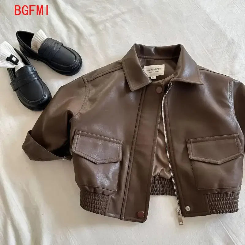 Veste enfant similicuir chocolat zippée – CLEVI Paris
