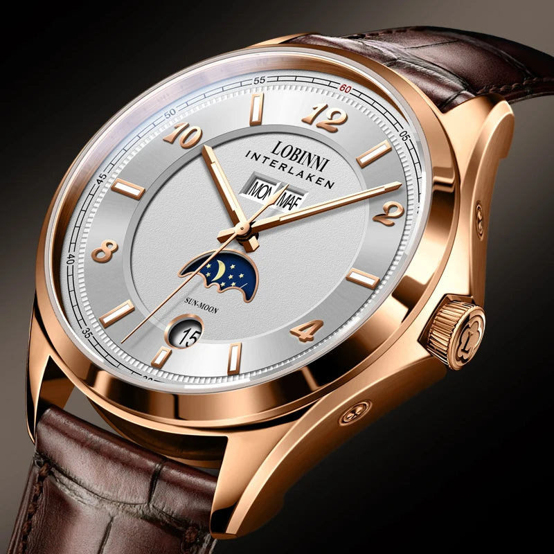 Montre Homme LOBINNI 40mm Automatique Calendrier Verre Saphir Bracelet Cuir – CLEVI Paris