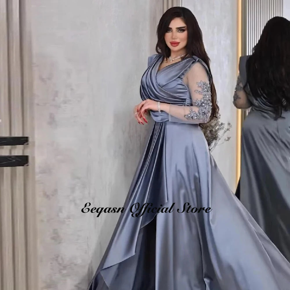 Robe de soirée col en V manches longues – CLEVI Paris