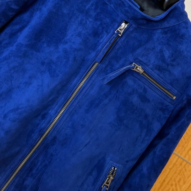 Blouson homme bleu aspect daim à col montant – CLEVI Paris