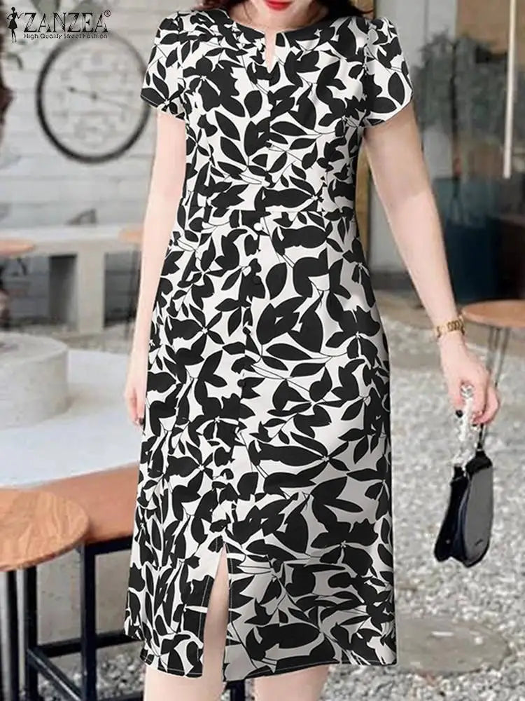 Robe Femme Col V Imprimé Feuilles Vintage Manches Courtes Fente Mi-Mollet – CLEVI Paris