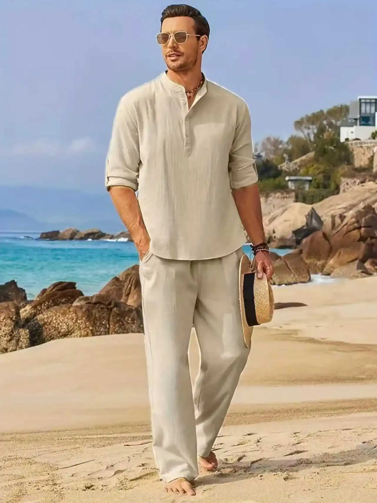 Ensemble Homme Chemise Henley Manches Longues Col Tunisien + Pantalon Taille Élastique Coton Lin Casual Été 8 Coloris – CLEVI Paris