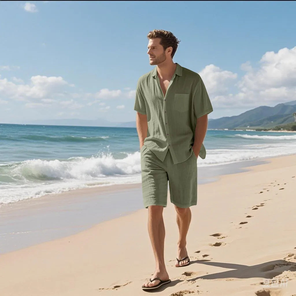 Ensemble 2 Pièces Homme Lin Chemise Manches Courtes + Short Casual Plage Été – CLEVI Paris