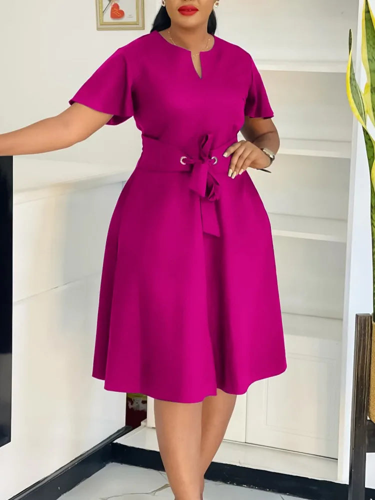 Robe Femme Grande Taille Col V Manches Courtes Mi-Mollet Élégante – CLEVI Paris