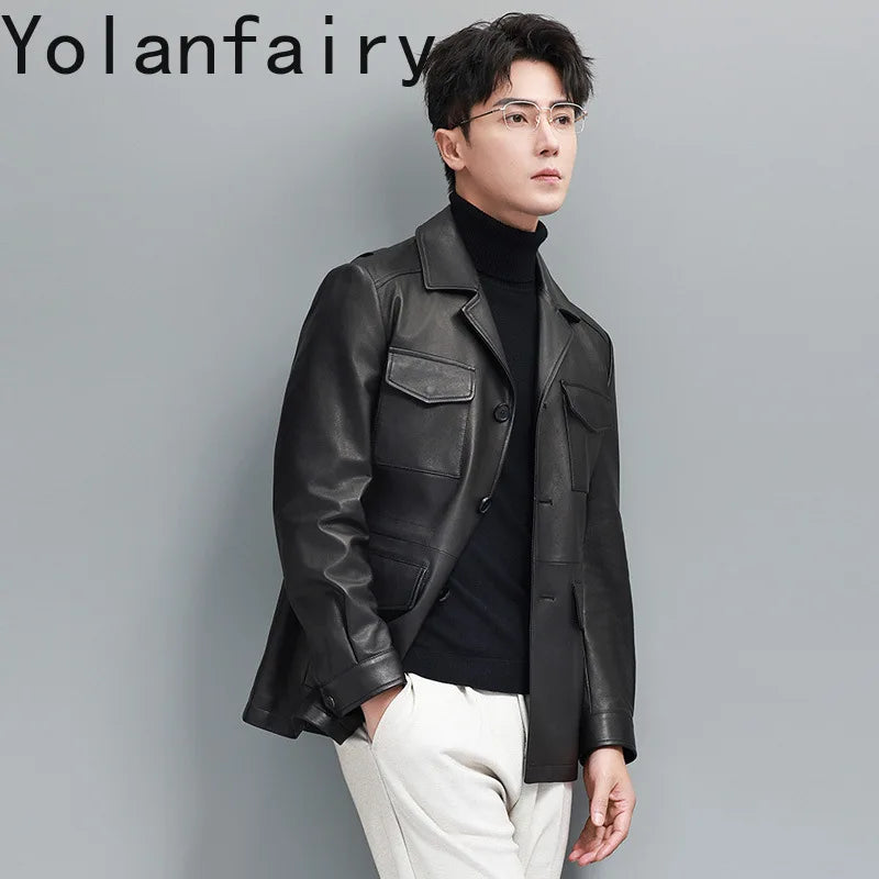 Veste homme en cuir de mouton boutonnée – CLEVI Paris