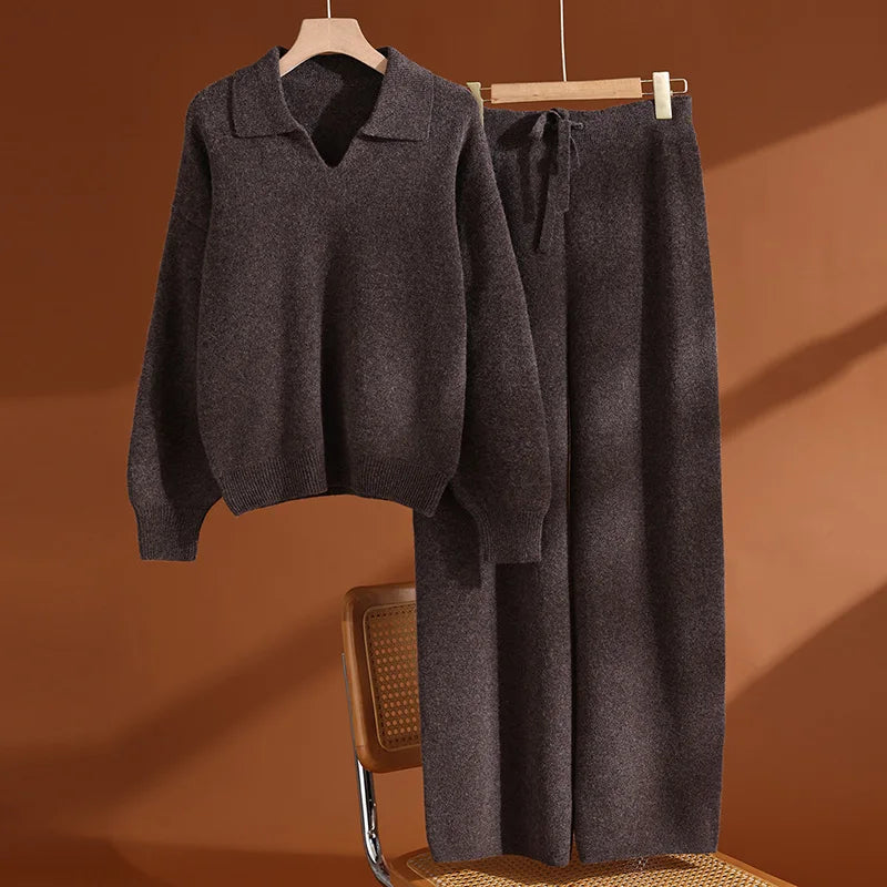 Ensemble laine femme, pull polo et pantalon – CLEVI Paris