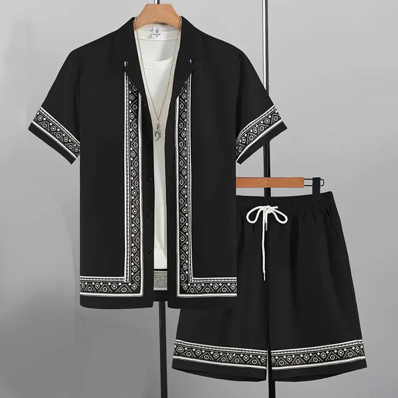 Ensemble 2 Pièces Homme Chemise Manches Courtes Col Cranté Imprimée Boutonnée + Short Cordon Style Hawaïen Beach Rétro Grande Taille – CLEVI Paris
