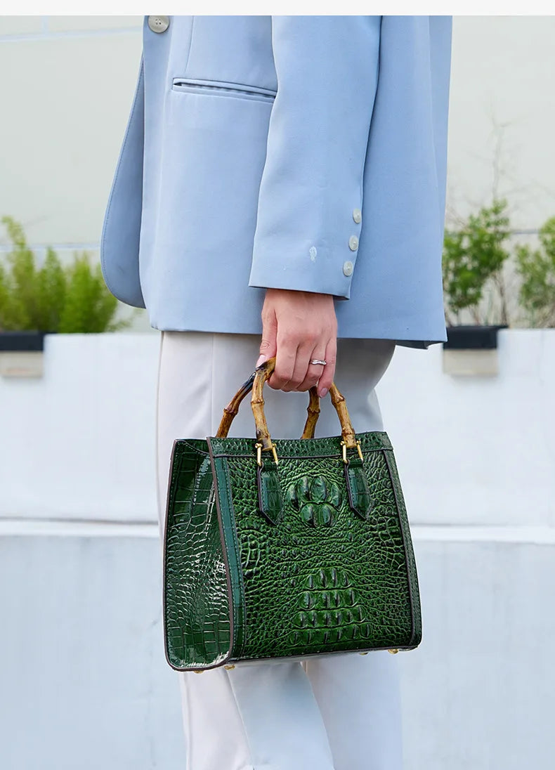 Sac à Main Femme Cuir Véritable Motif Crocodile Anse Bambou Business 4 Coloris – CLEVI Paris