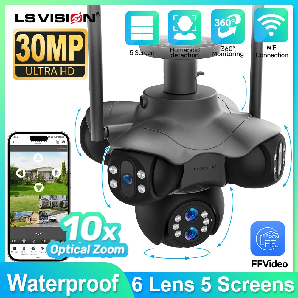 Caméra Panoramique LS VISION 6 Objectifs 30MP 5 Écrans PTZ Zoom 10x IP66 Wi-Fi – CLEVI Paris
