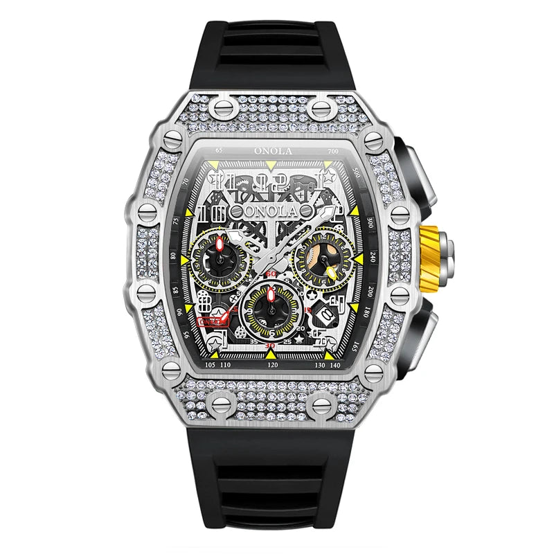 ONOLA ON6826D – Montre Automatique Homme | Diamants, Phase de Lune, Squelette, Étanche 3 Bar