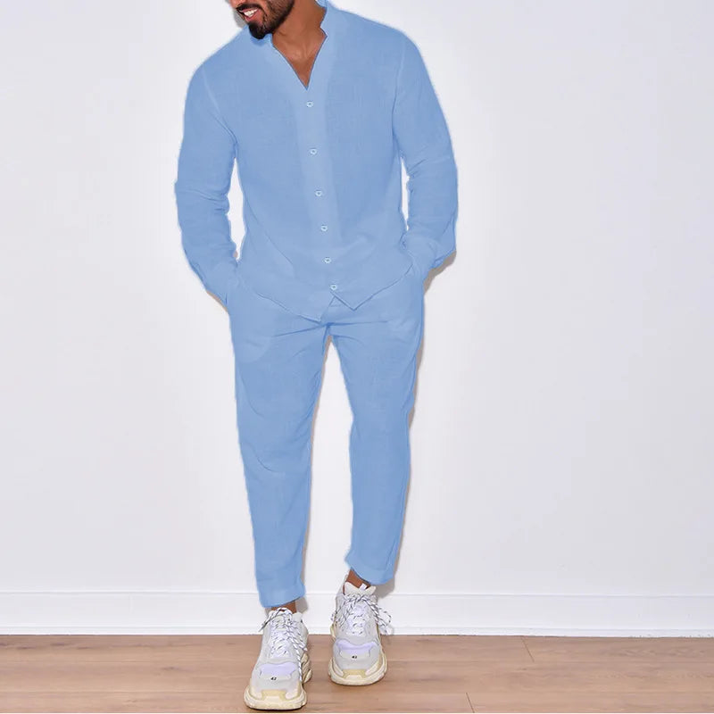 Ensemble 2 Pièces Homme Coton Lin Col Mao Chemise + Pantalon Ample Style Casual – CLEVI Paris