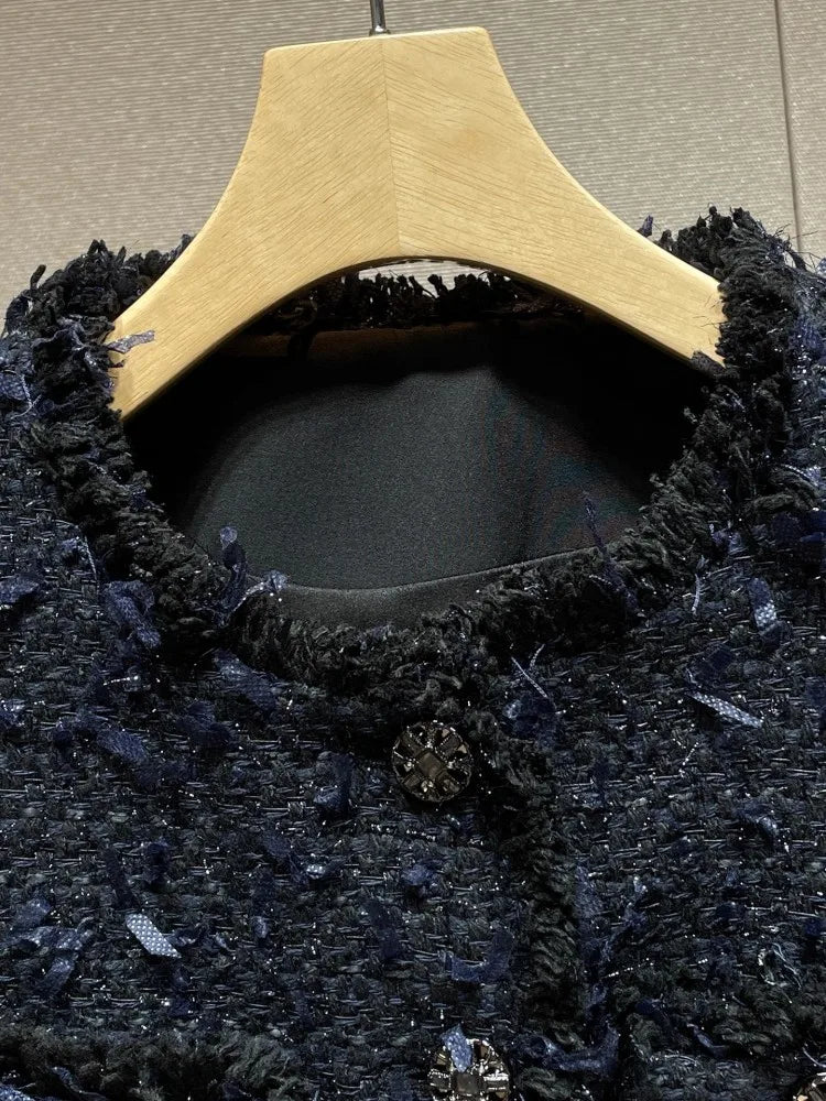 Veste femme en tweed bleu à col rond – CLEVI Paris