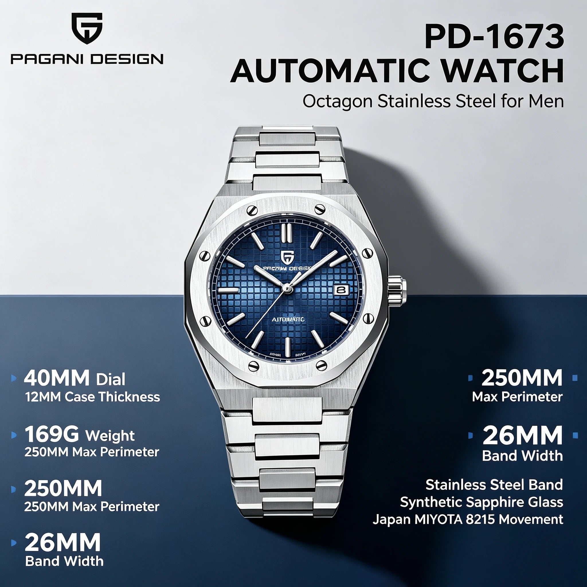 Montre Automatique Homme Pagani Design PD-1673 Seiko NH35 Saphir Lumineux Phase de Lune 10 Bar 7 Coloris – CLEVI Paris