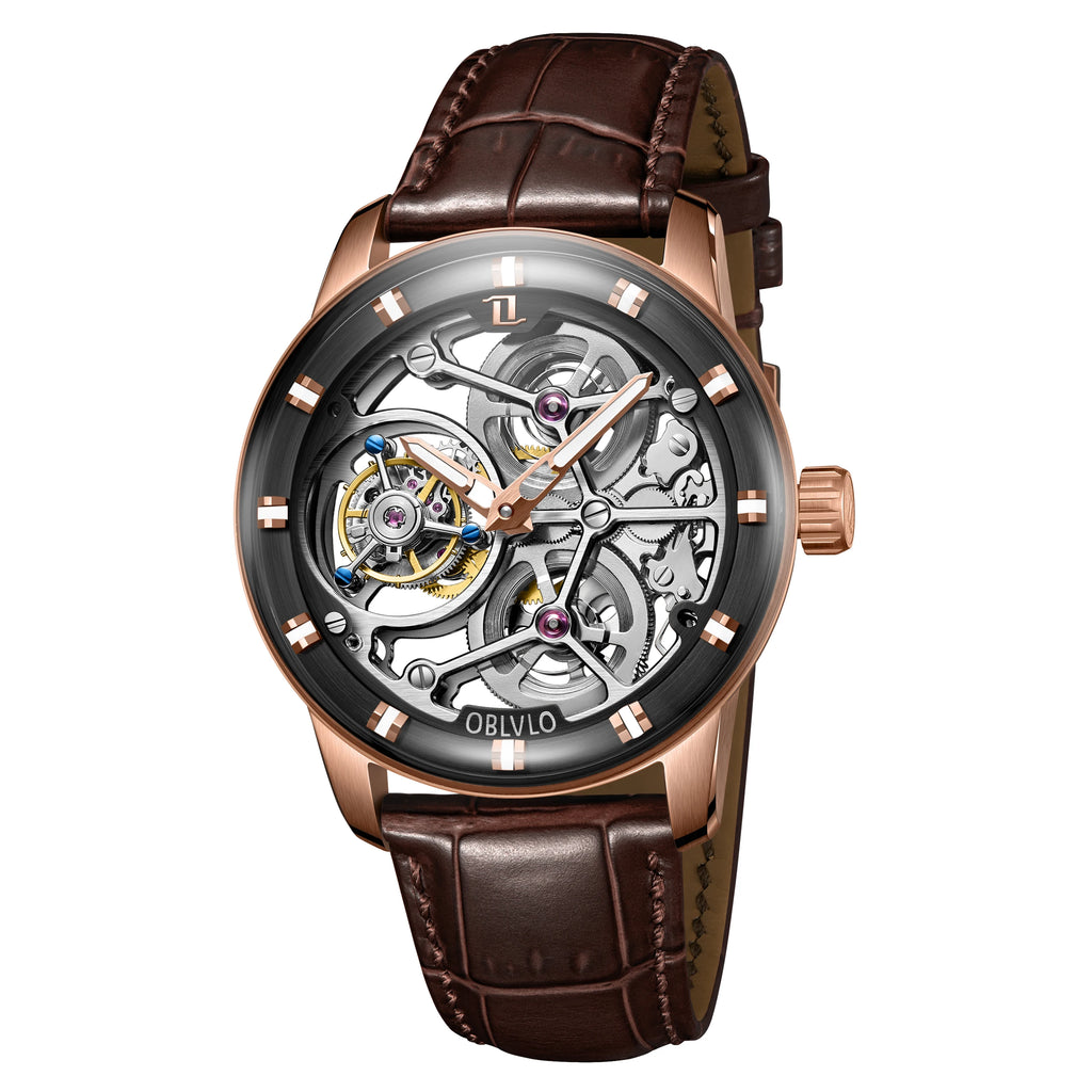 Montre Homme Manuel Tourbillon Squelette Grand Cadran Cuir Lumineux Oblvlo OBL-VM-D-TB – CLEVI Paris