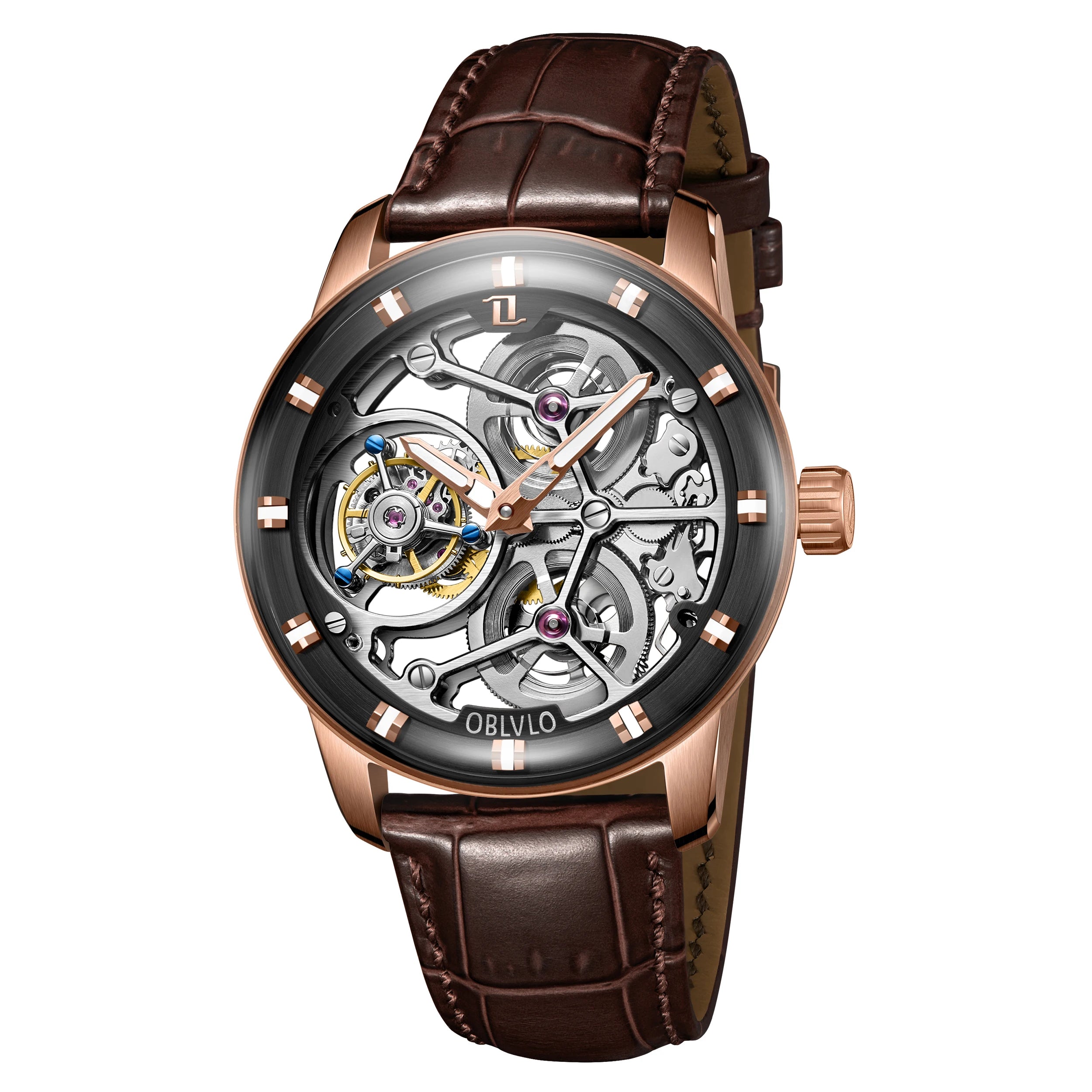 Montre Homme Manuel Tourbillon Squelette Grand Cadran Cuir Lumineux Oblvlo OBL-VM-D-TB – CLEVI Paris
