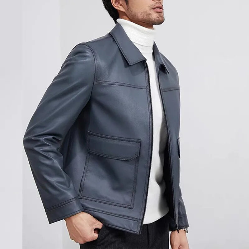 Blouson homme en cuir bleu à poches à rabat – CLEVI Paris