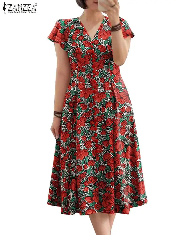 Robe Femme Col V Imprimé Floral Manches Papillon Volants Bohème Mi-Mollet – CLEVI Paris