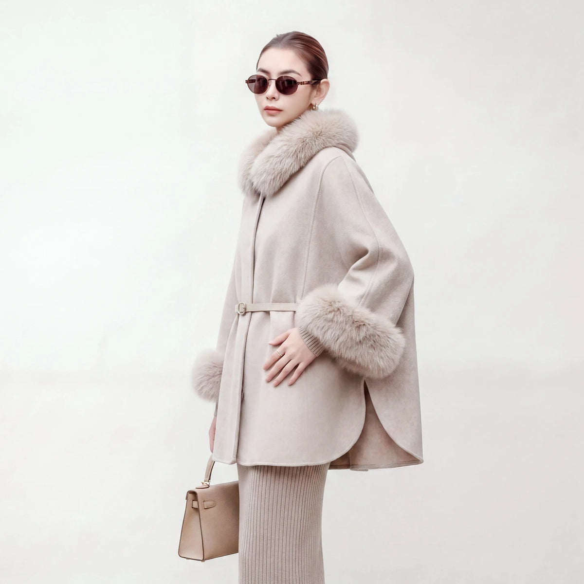 Manteau cape laine et col renard amovible – CLEVI Paris
