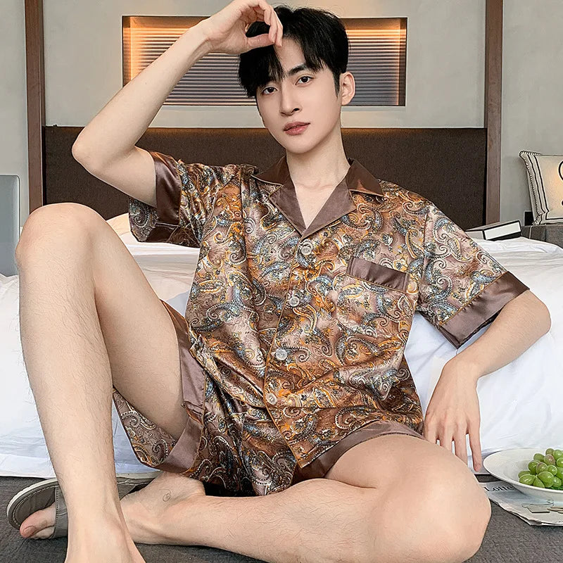 Pyjama Homme 2 Pièces Soie de Glace Satin Col Rabattu Manches Longues Style Luxe Imprimé Printemps Été – CLEVI Paris
