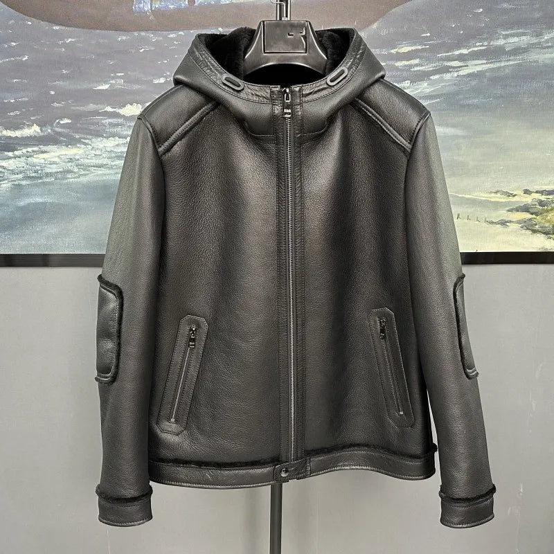 Blouson homme en cuir noir à capuche – CLEVI Paris