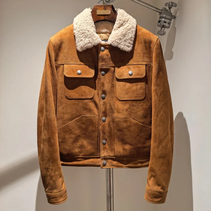 Veste homme en cuir marron à col bouclé – CLEVI Paris