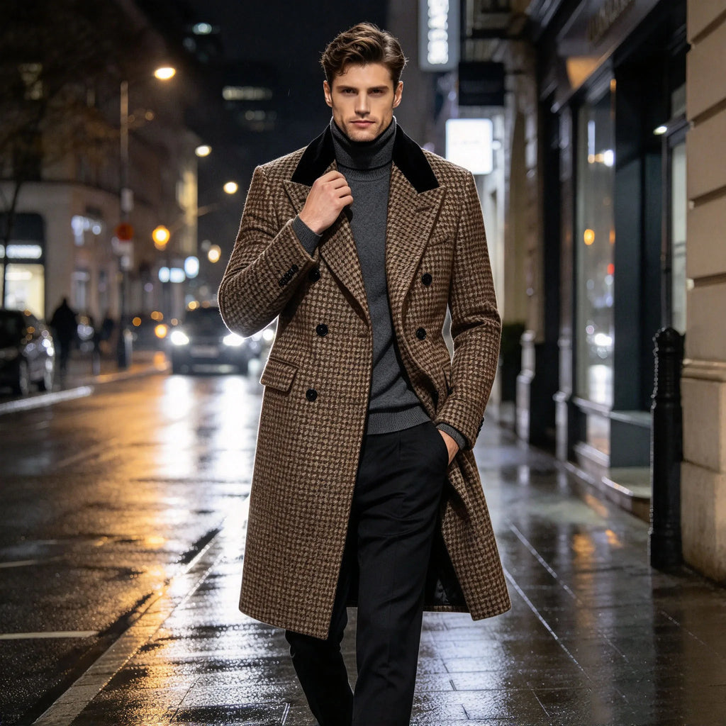 Manteau long homme pied-de-poule croisé – CLEVI Paris