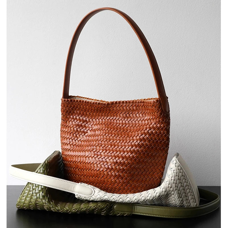 Sac seau tissé femme en cuir véritable – CLEVI Paris